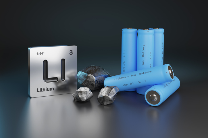 Lithium - ion batteries , metallic lithium and element symbol. 3d illustration.